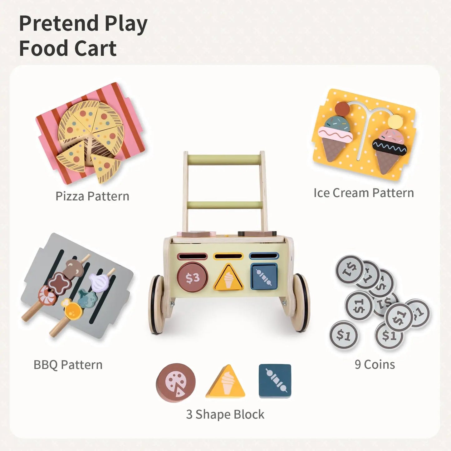 Wooden Baby Push Walker, Kids Play Kitchen Shopping Cart, Baby Walking Toys Activity Center  For 1 2 Year Old Girl Boys Gifts