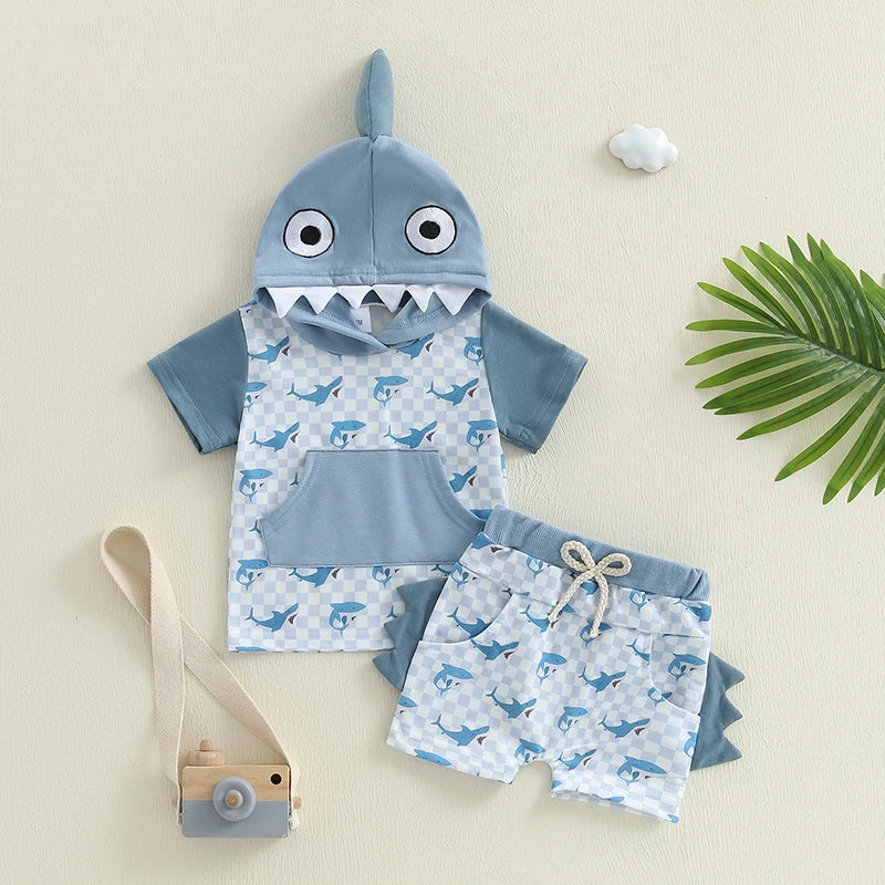 Boys Summer Shorts Sets Short Sleeve Shark Print Hooded Tops and Drawstring Shorts Sets