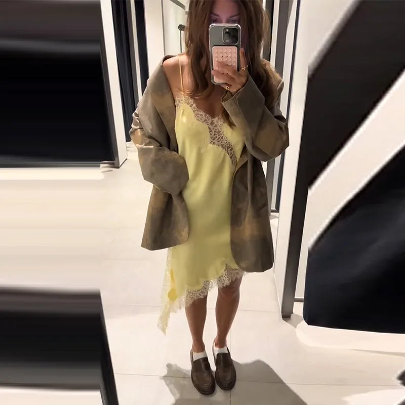 Elegant Satin Asymmetric Lace Patchwork Long Dress Women Solid V-neck Sleeveless Sling Dresses 2025 Autumn Lady High Street Robe