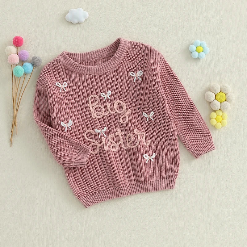 Cute Infant Pullover Sweater with Round Neck Long Sleeves Bow Detail and Embroidered Letter Design - Adorable Toddler Top