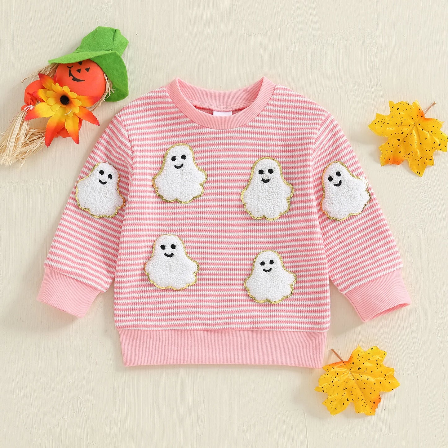 Children s Girls Hooded Sweatshirt Halloween Pumpkin Ghost Print Long Sleeve Pullover with Striped Design Crew Neck Costume