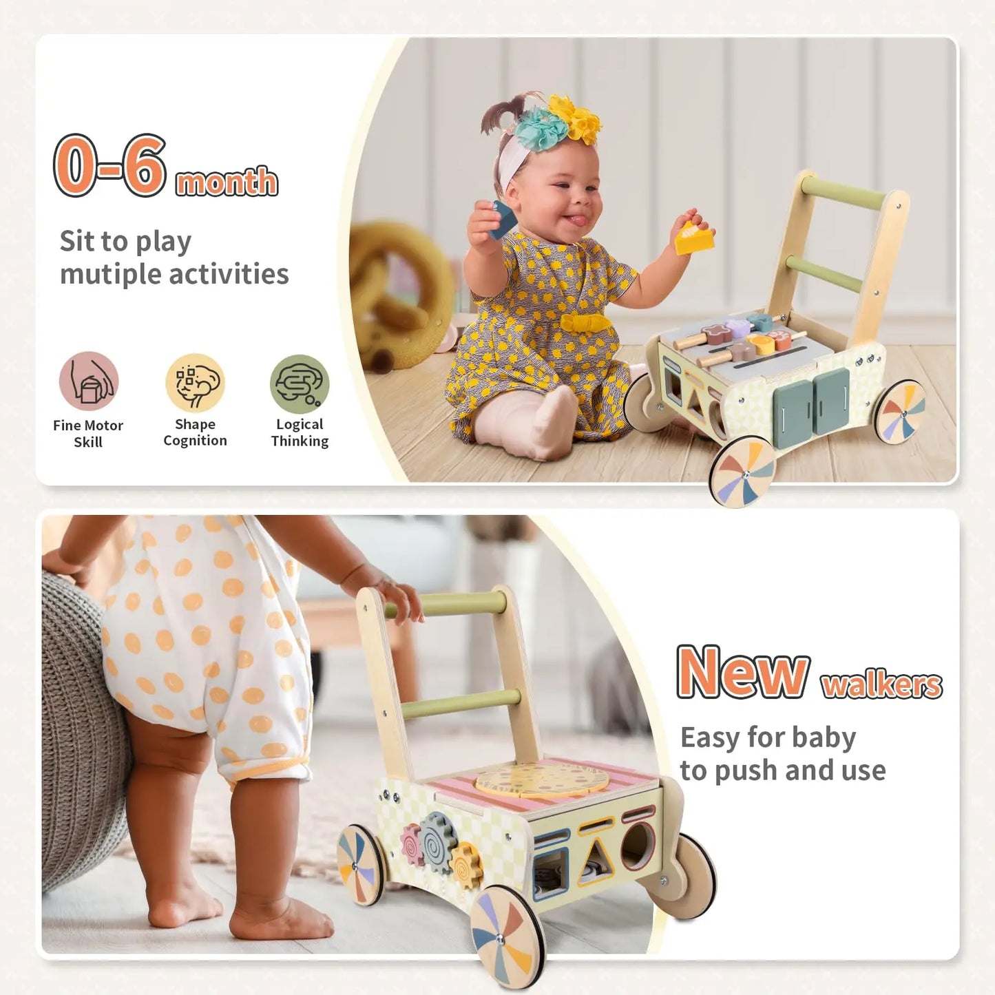 Wooden Baby Push Walker, Kids Play Kitchen Shopping Cart, Baby Walking Toys Activity Center  For 1 2 Year Old Girl Boys Gifts