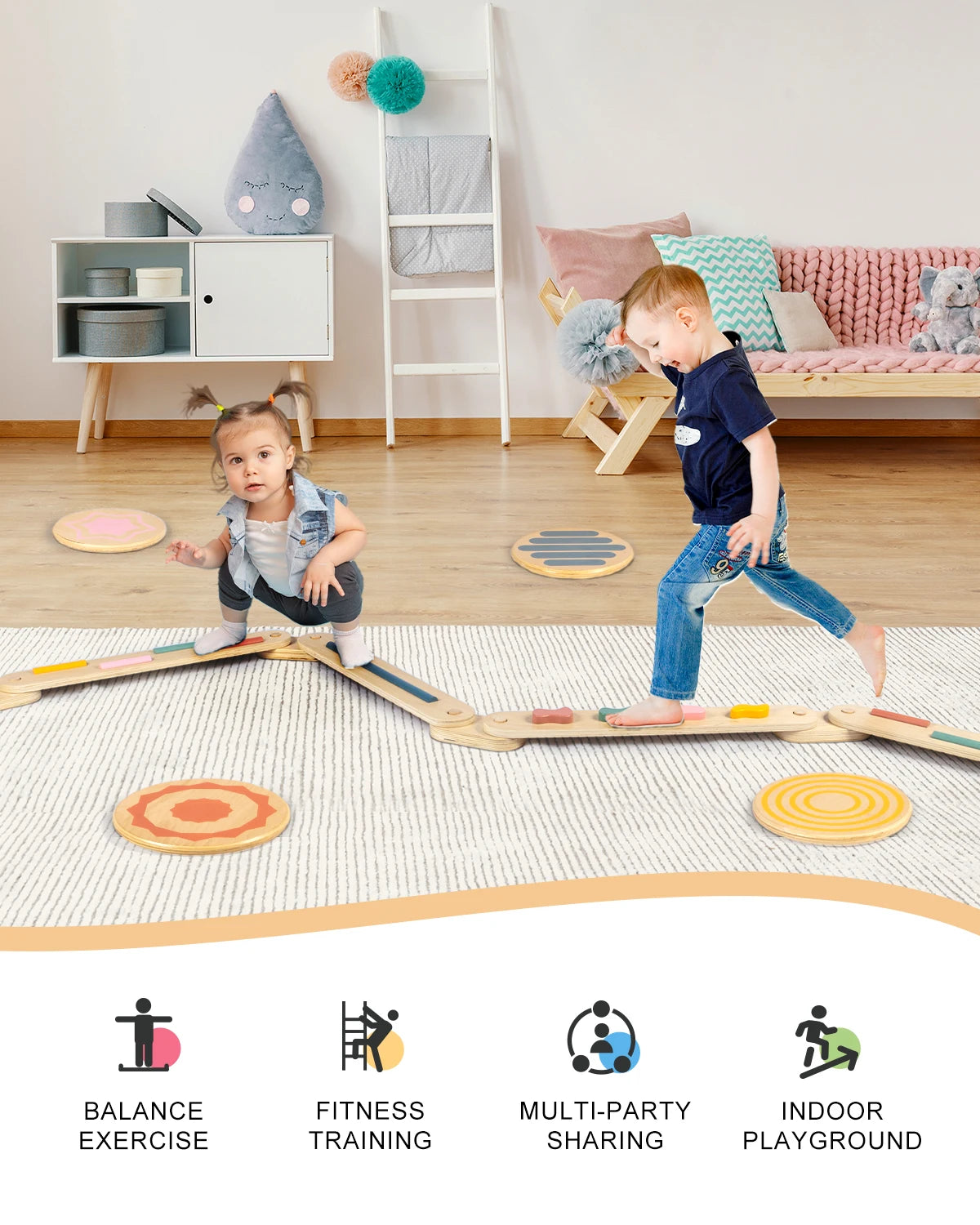 Toddler Balance Beam for Kids 3-5, Wooden Kids Balance Beam Stepping Stones, Balance Beam Toddler Obstacle Course for Kids 1-3