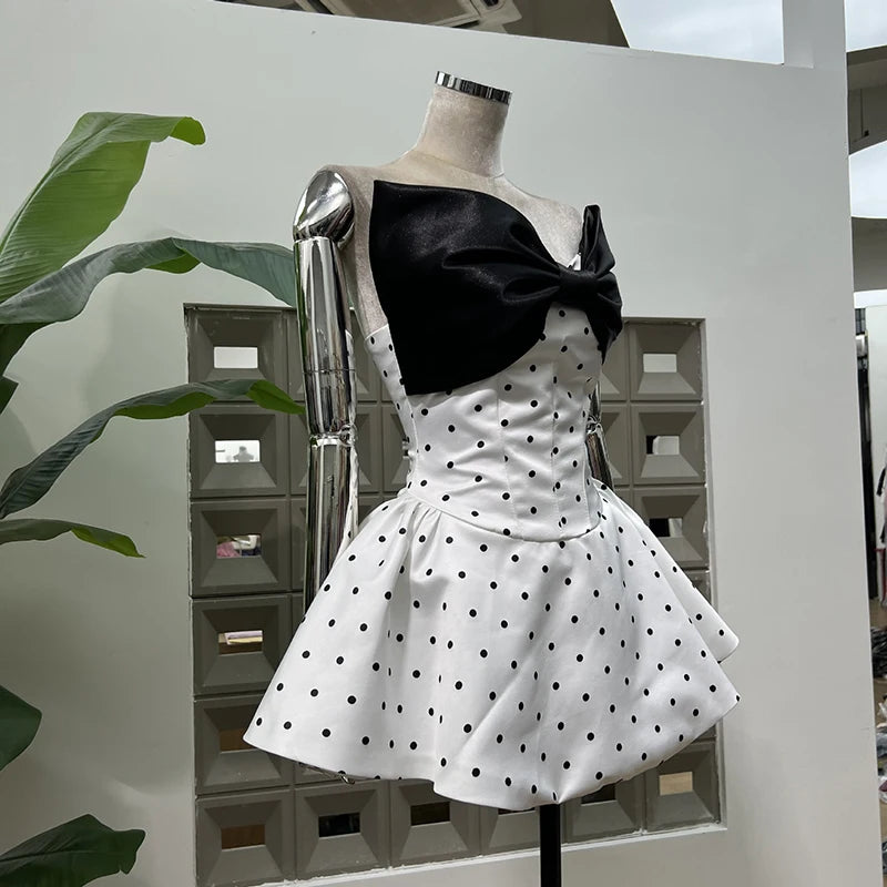 KBQ Hit Color Spliced Bowknot Elegant Mini Dresses for Women Strapless Sleeveless Patchwork Dot Print Dress Female Clothing New