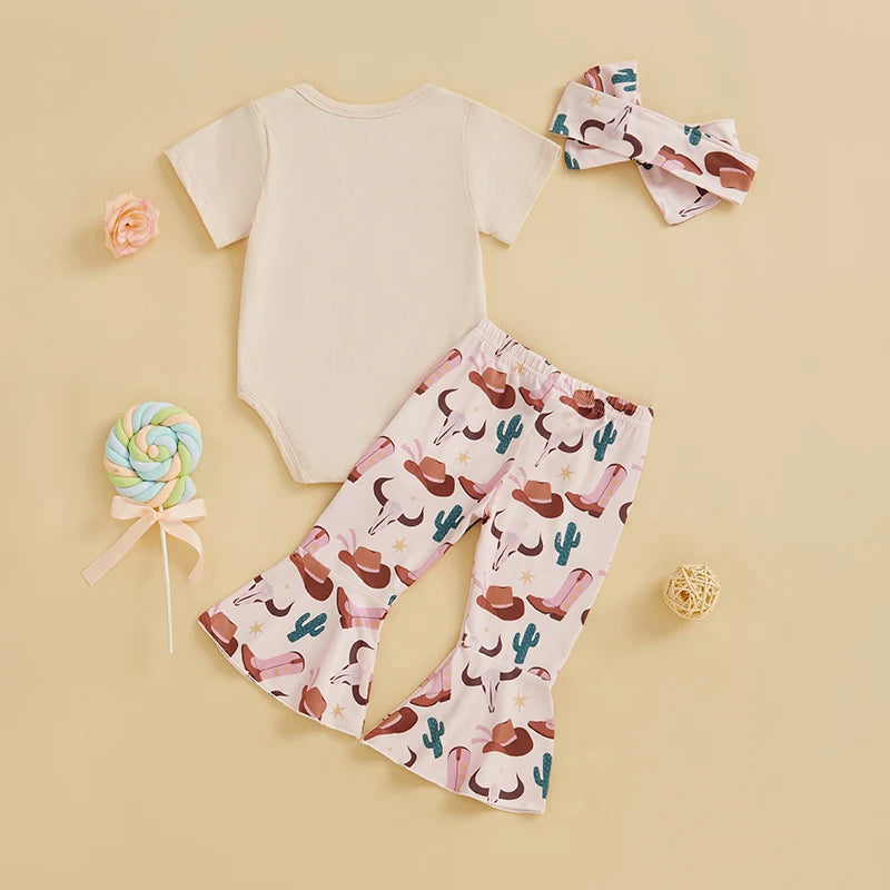 Adorable Baby Girls 3-Piece Outfit Set with Short Sleeve Romper Cow Print Boots and Matching Headband - Western Cowgirl Theme