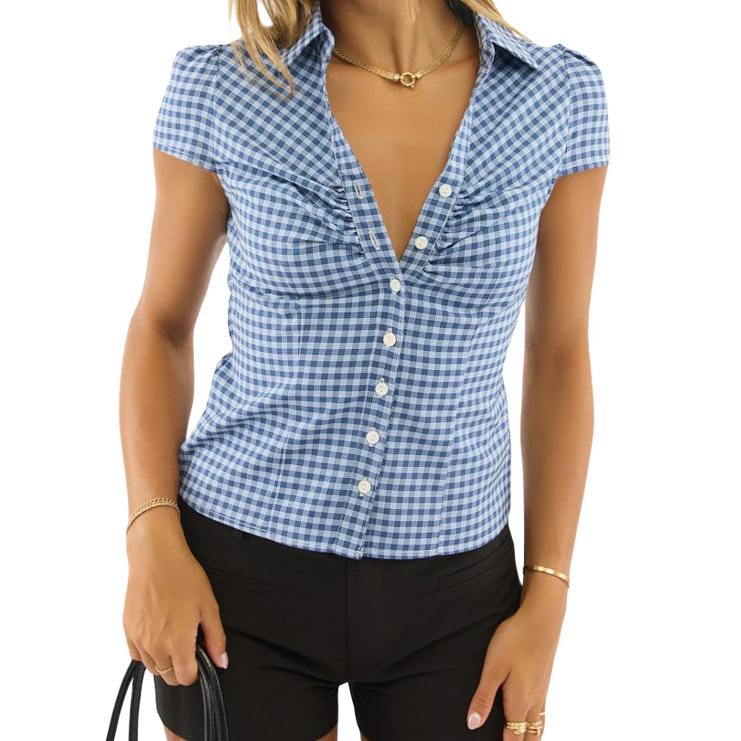 Women s Short Sleeve Plaid Shirt with Button Closure Stylish Summer Top for Everyday Casual Wear in the City