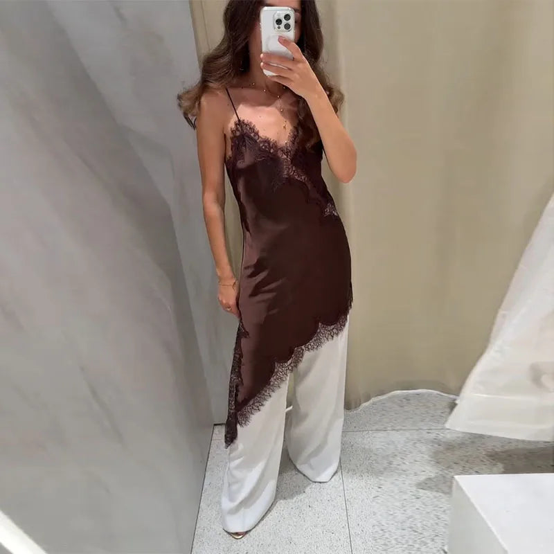 Elegant Satin Asymmetric Lace Patchwork Long Dress Women Solid V-neck Sleeveless Sling Dresses 2025 Autumn Lady High Street Robe