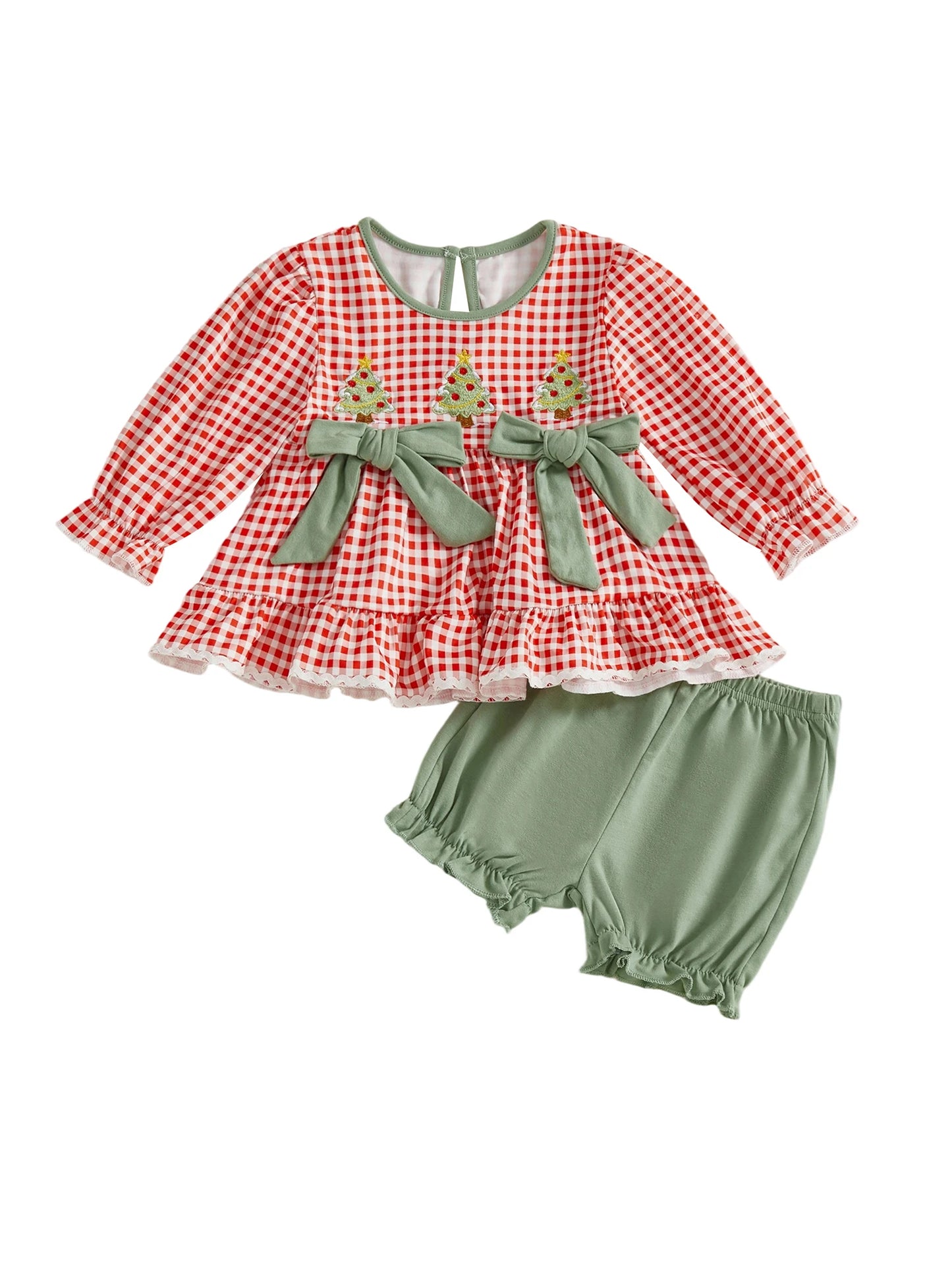 2Pcs Baby Girl Christmas Outfits Long Sleeve Plaid Print Tops Shorts Set Newborn Clothes