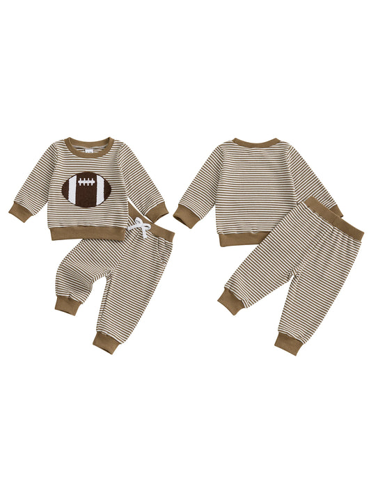 Boys 2-Piece Set Stylish Long Sleeve Embroidered Rugby Sweatshirt with Matching Striped Sweatpants for a Cozy Fall Look