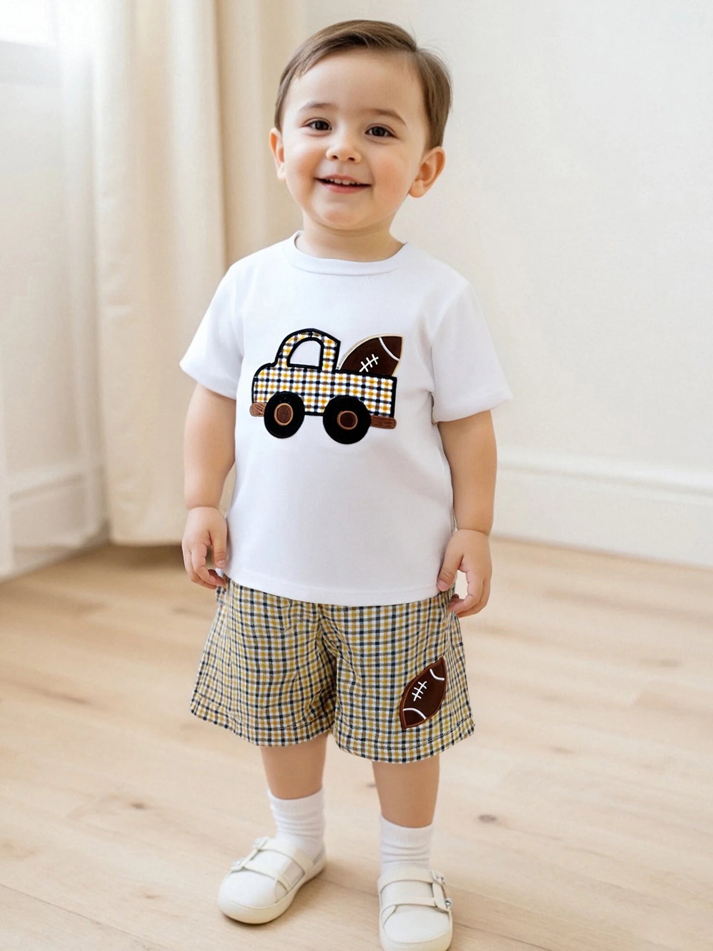 Toddler Boys Casual Summer Clothes Set with Fun Car and Rugby Embroidery Short Sleeve Tee and Plaid Shorts for a Stylish Look