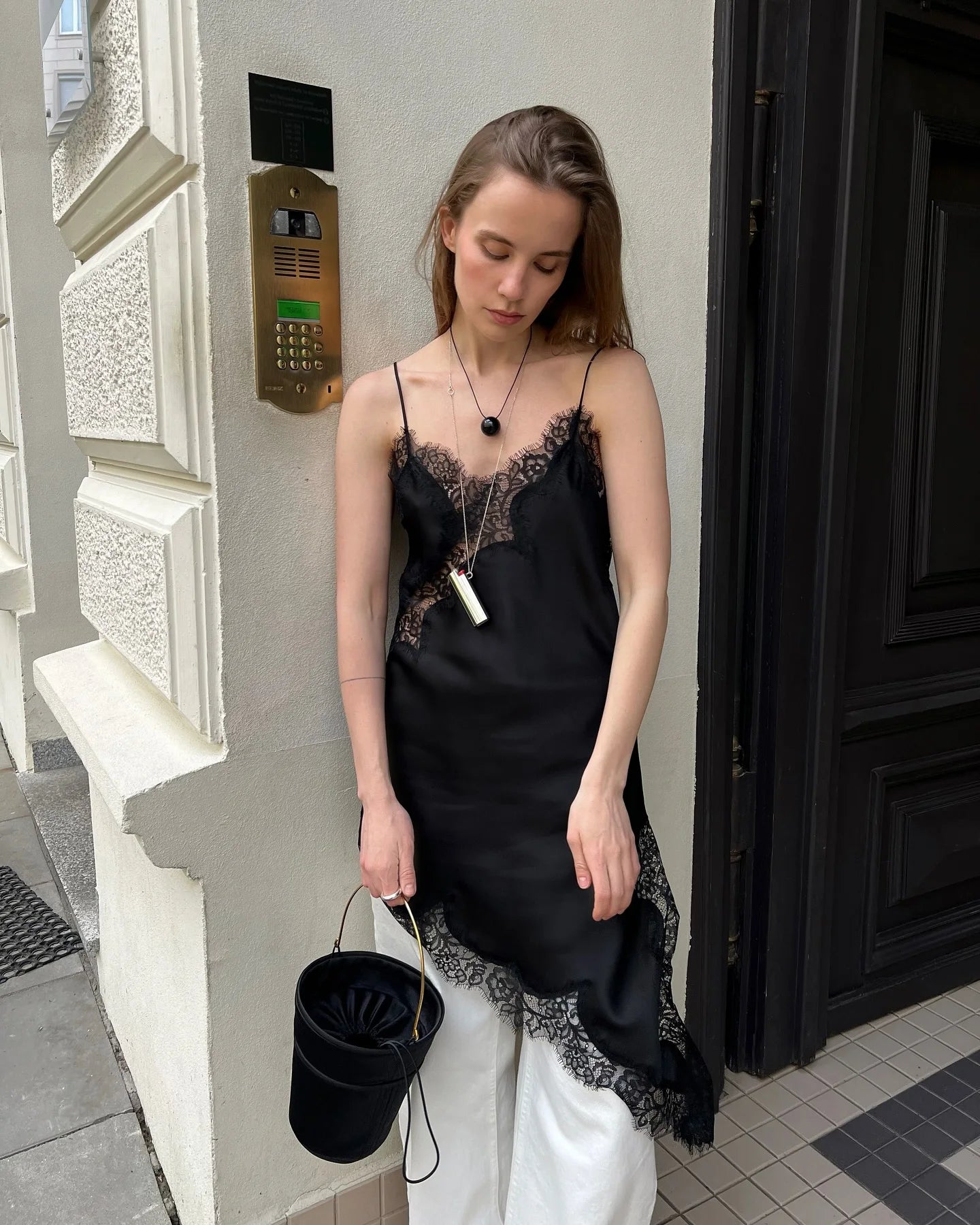 Elegant Satin Asymmetric Lace Patchwork Long Dress Women Solid V-neck Sleeveless Sling Dresses 2025 Autumn Lady High Street Robe