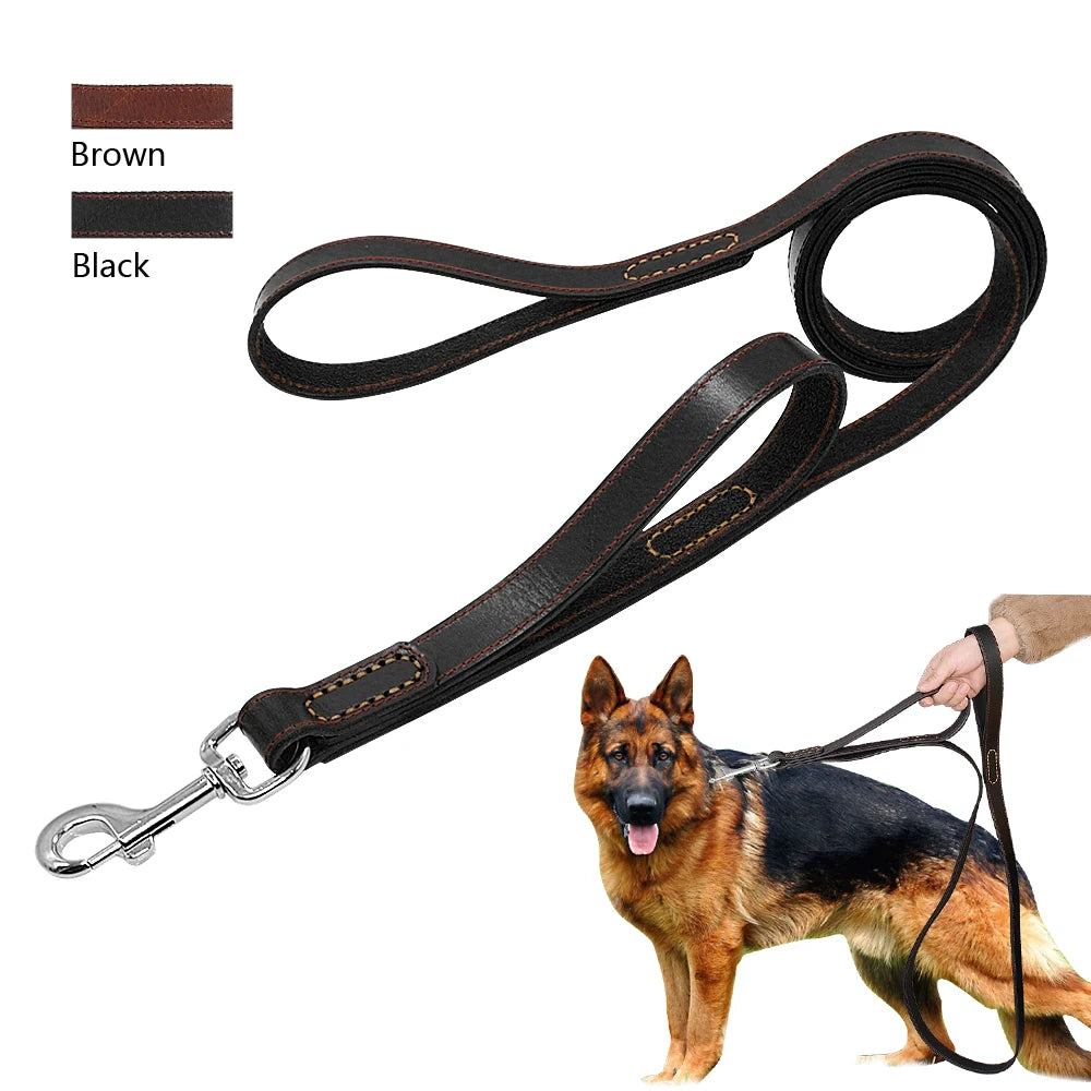 Genuine Leather Pet Dog Leash Rope Pet Training Walking Lead Leashes For Medium Large Dogs Quick Control With 2 Handles