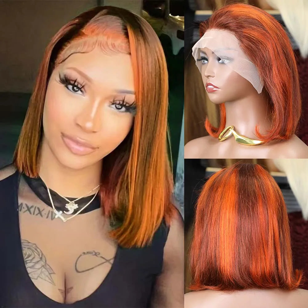 Short Straight Bob Wig Lace Front Human Hair Wigs Ombre Blonde 99J Burgundy Black 13x4 HD Transparent Lace Frontal Wig For Women