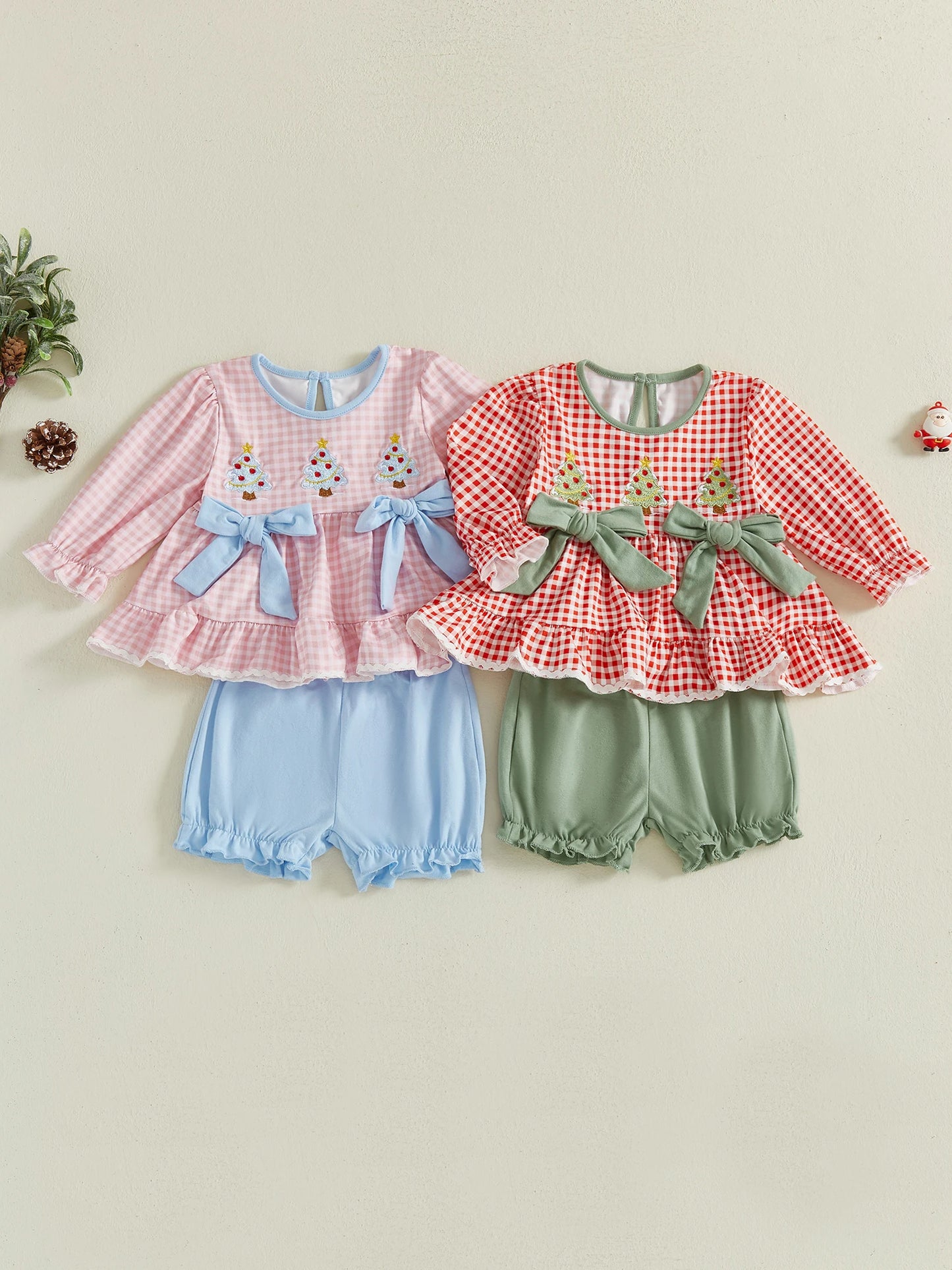 2Pcs Baby Girl Christmas Outfits Long Sleeve Plaid Print Tops Shorts Set Newborn Clothes