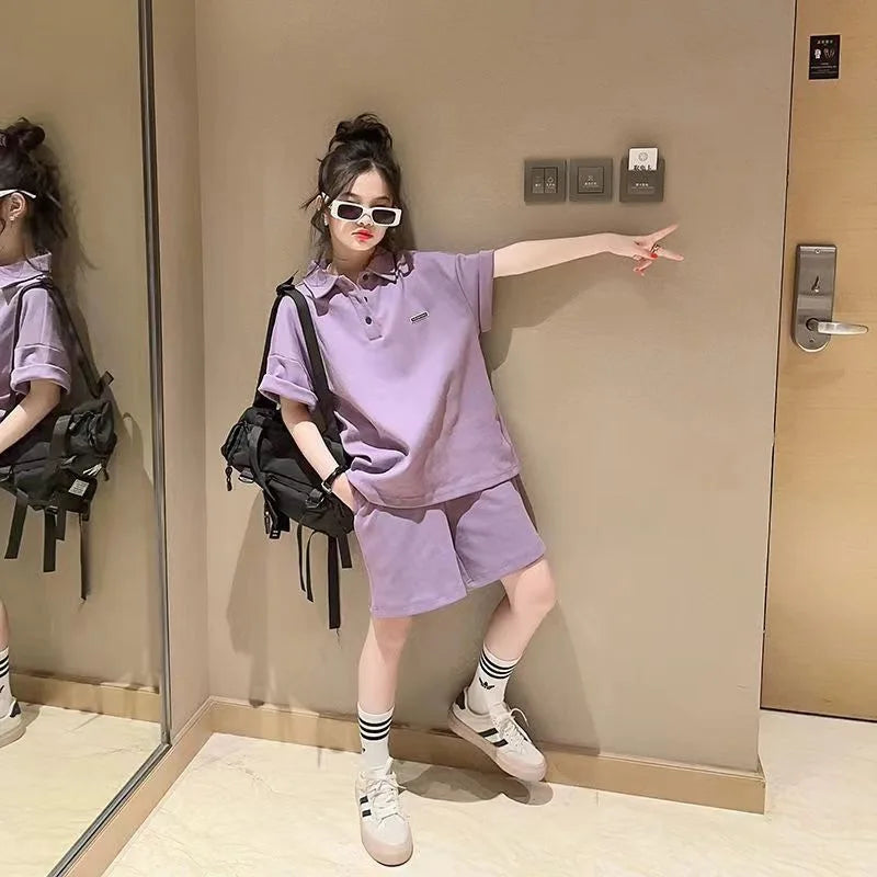 Girls Summer Leisure Suit New Sportswear Children's Summer Casual Wear Children Korean Girls Short-Sleeved Shorts Two-Piece Suit