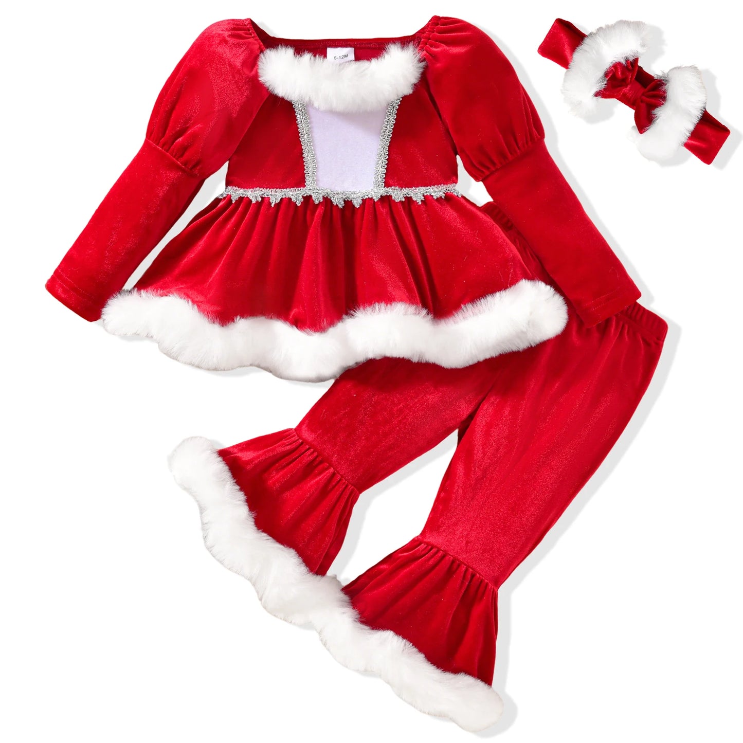 3Pcs Christmas Toddler Girl Outfit Long Sleeve Square Neck Plush Trim Tops with Elastic Waist Flare Pants Headband