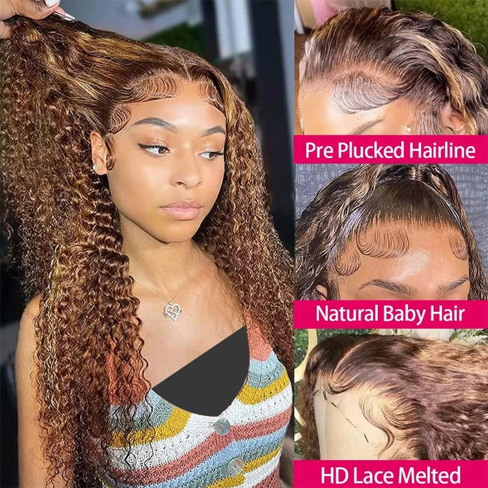 Wiggogo Curly Colored Highlight Wig Human Hair Deep Wave 13X6 Hd Lace Frontal Wig 13X4 4/27 Ombre Brown Blonde Lace Front Wigs