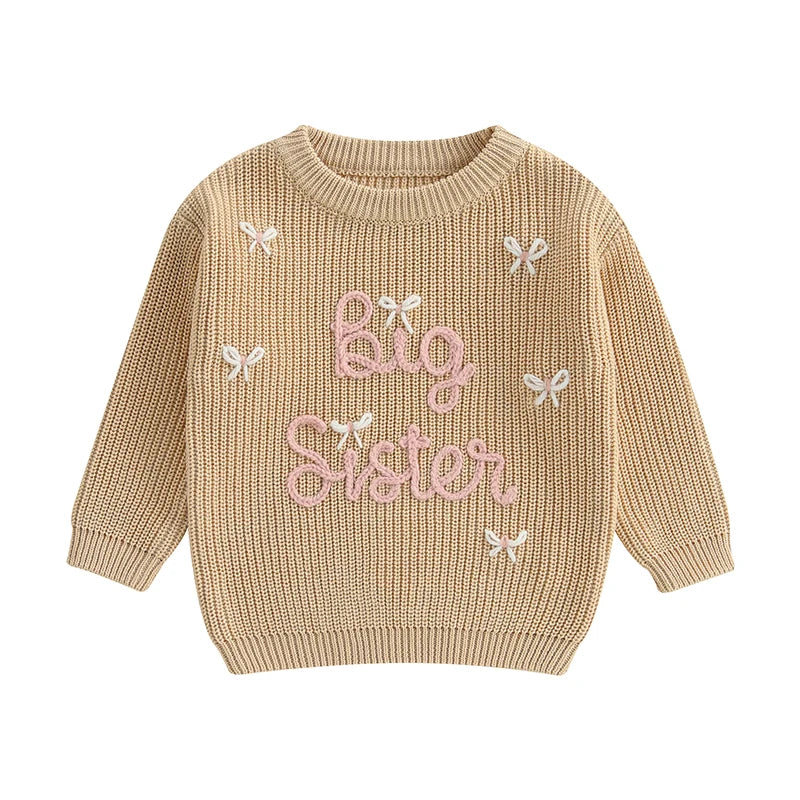 Cute Infant Pullover Sweater with Round Neck Long Sleeves Bow Detail and Embroidered Letter Design - Adorable Toddler Top