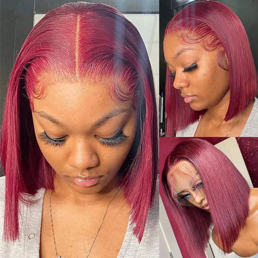 Short Straight Bob Wig Lace Front Human Hair Wigs Ombre Blonde 99J Burgundy Black 13x4 HD Transparent Lace Frontal Wig For Women