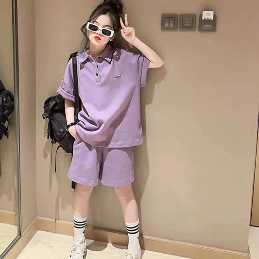 Girls Summer Leisure Suit New Sportswear Children's Summer Casual Wear Children Korean Girls Short-Sleeved Shorts Two-Piece Suit