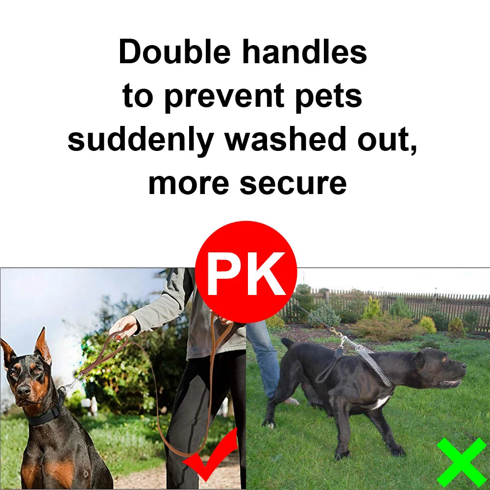 Genuine Leather Pet Dog Leash Rope Pet Training Walking Lead Leashes For Medium Large Dogs Quick Control With 2 Handles