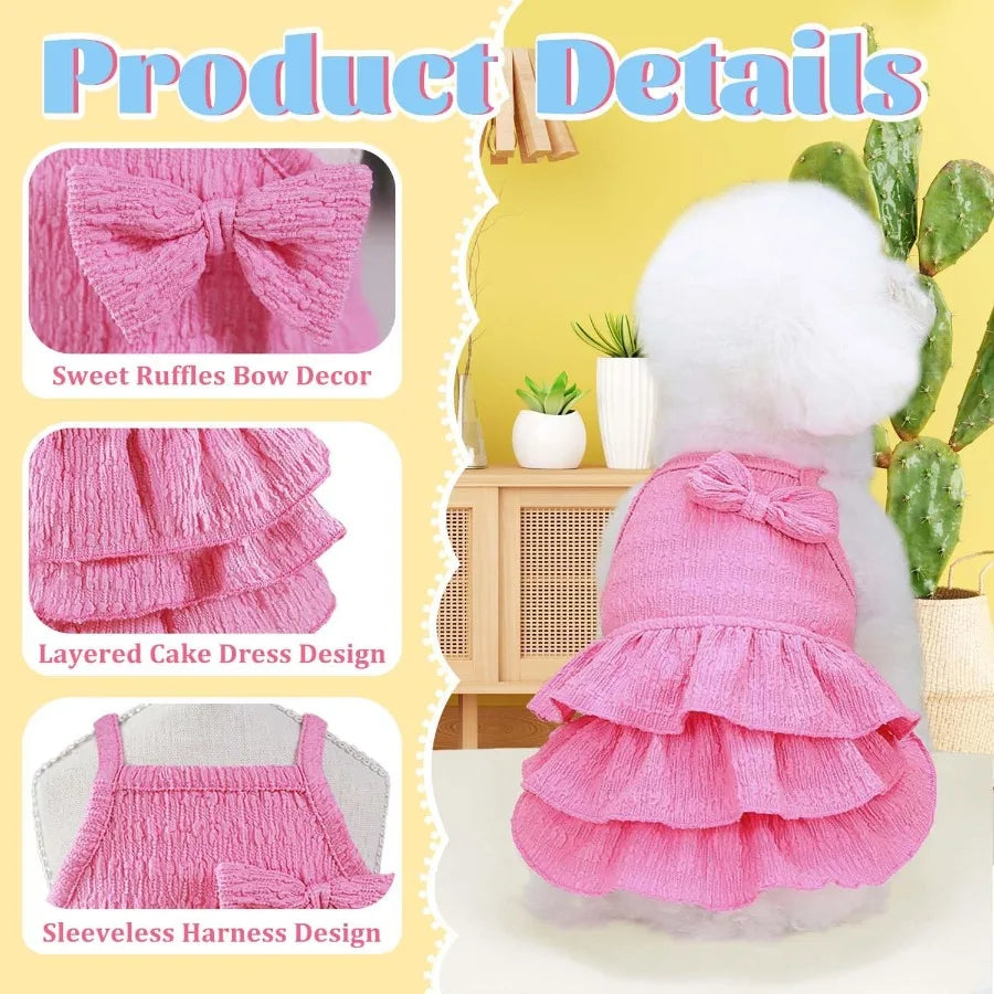 2 Pieces Dog Dress for Small Dogs Girl Puppy Sleeveless Clothes Pet Pullover Vest Skirt Cute Bow Tiered Cake Dress Pet Dog Shir