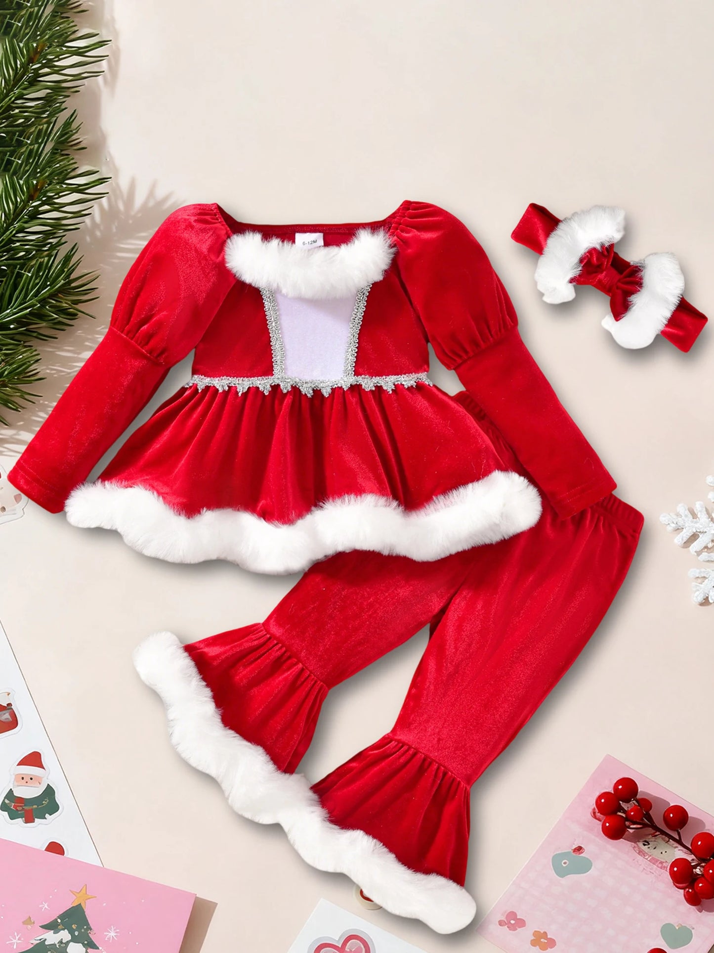 3Pcs Christmas Toddler Girl Outfit Long Sleeve Square Neck Plush Trim Tops with Elastic Waist Flare Pants Headband