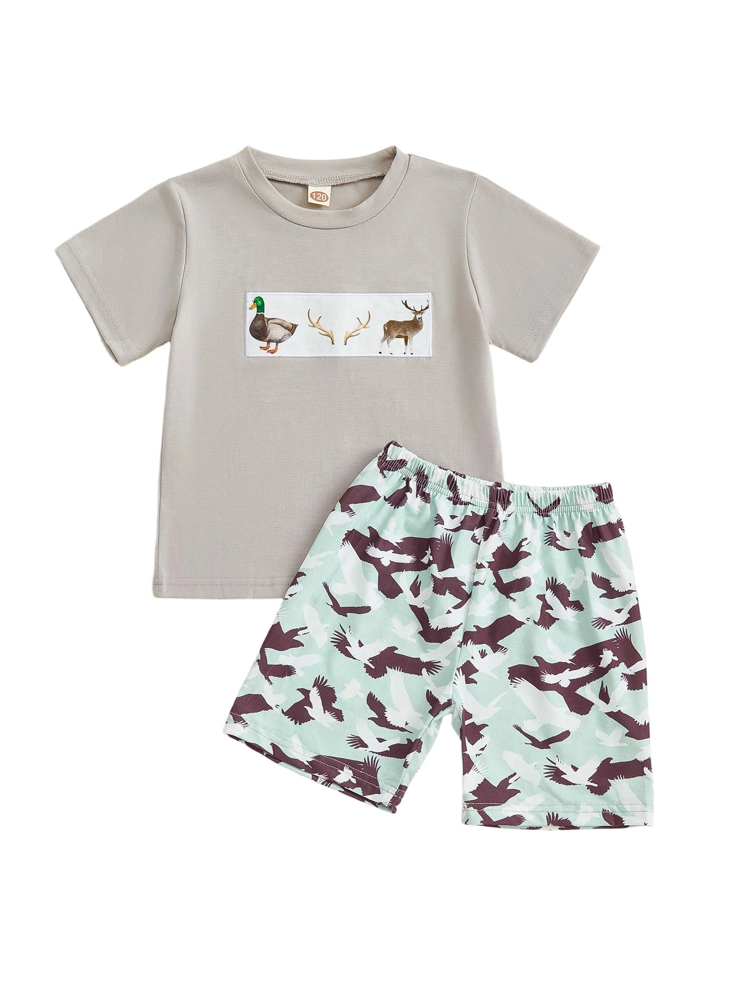 Boys Clothing Set with Cute Animal Embroidery Round Neck Short Sleeve Shirt and Printed Shorts for a Stylish Summer Look