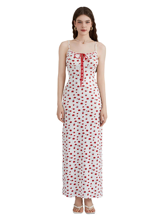 Women s Floral Print Long Cami Dress Sleeveless Spaghetti Strap Front Ribbon Tie-Up  Dress