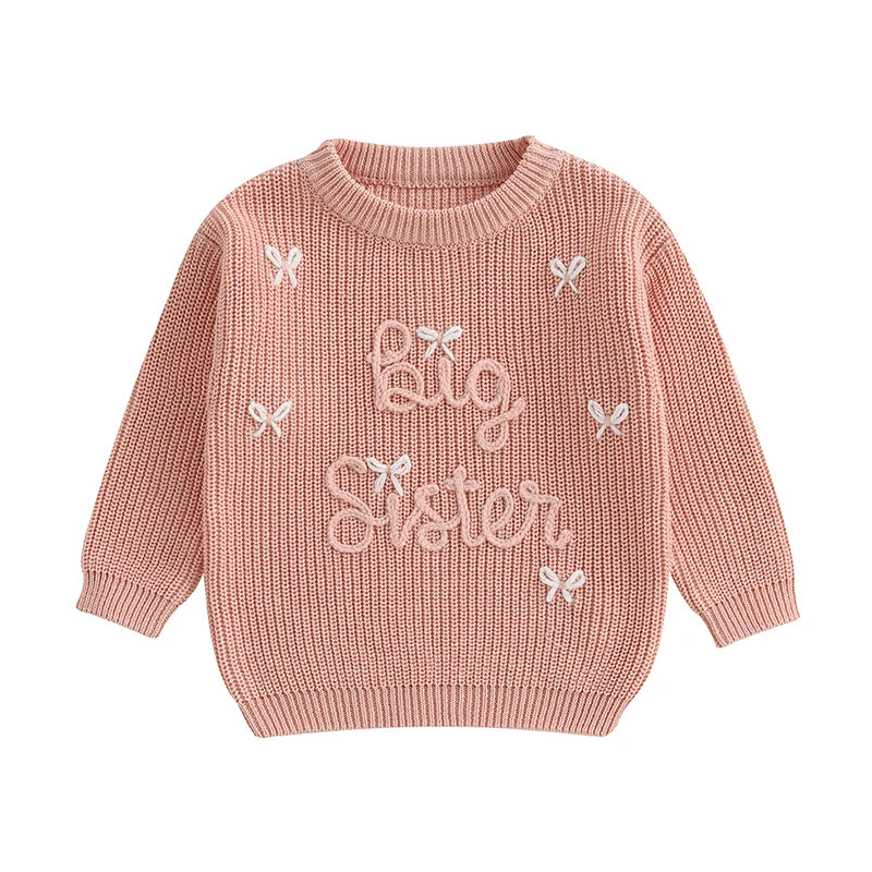 Cute Infant Pullover Sweater with Round Neck Long Sleeves Bow Detail and Embroidered Letter Design - Adorable Toddler Top