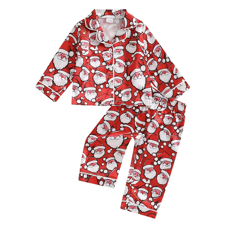 Children s Girls Christmas Pajama Set with Festive Santa Claus Design Long Sleeve Button-Up Shirt and Elastic Waist Pants for