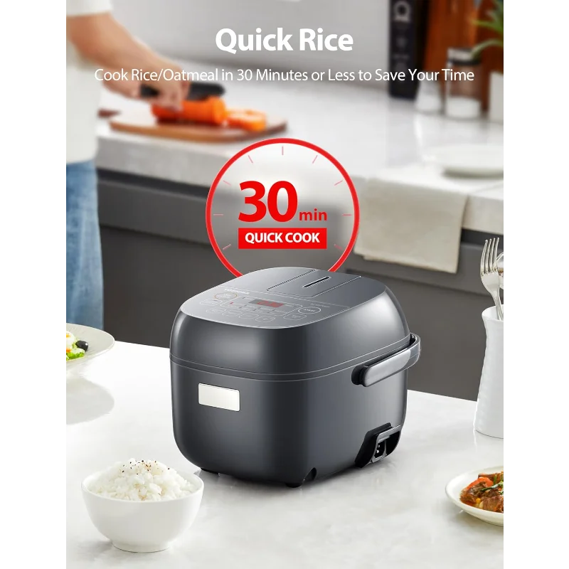 Rice Cooker Small 3-Cup Uncooked– LCD Display with 8 Cooking Functions: Rice, Oatmeal, Mixed Grains and More