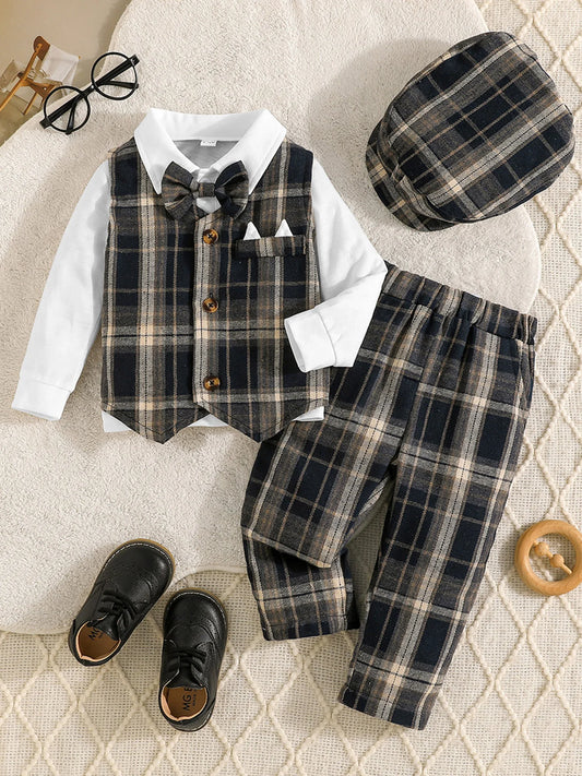 4Pcs Baby Boy Formal Wear Set with Long Sleeve Lapel Neck Shirt Plaid Button Down Vest Pants and Hat - Gentleman Outfit with