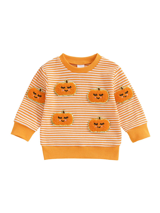 Children s Girls Hooded Sweatshirt Halloween Pumpkin Ghost Print Long Sleeve Pullover with Striped Design Crew Neck Costume