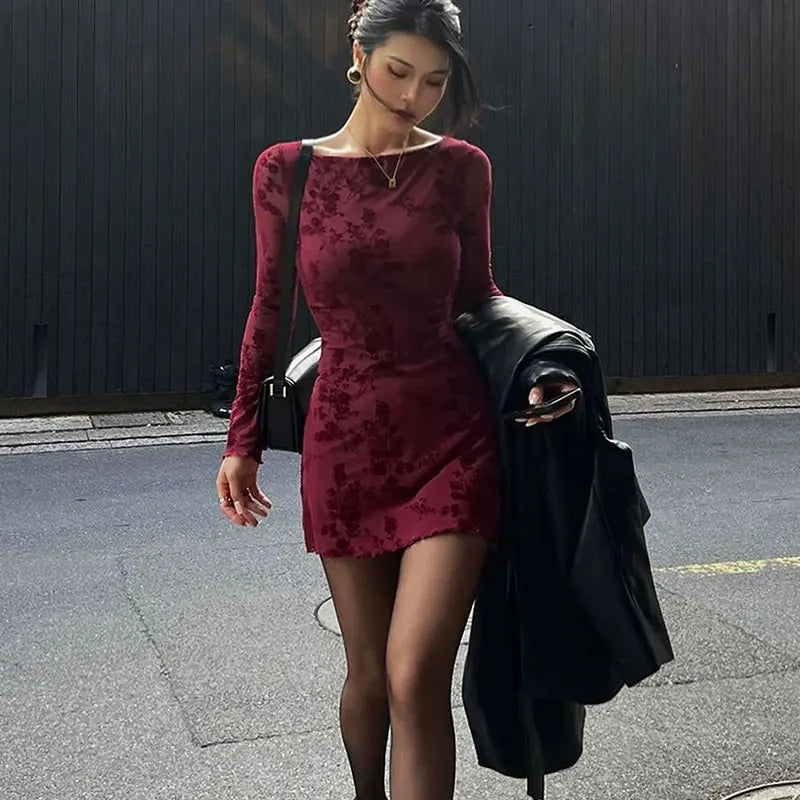 New Dresses Women Autumn O-Neck Sexy Wine Red Streetwear Fashion Print Long Sleeves Dresses Lady Knitted Pullover Clothing Dress
