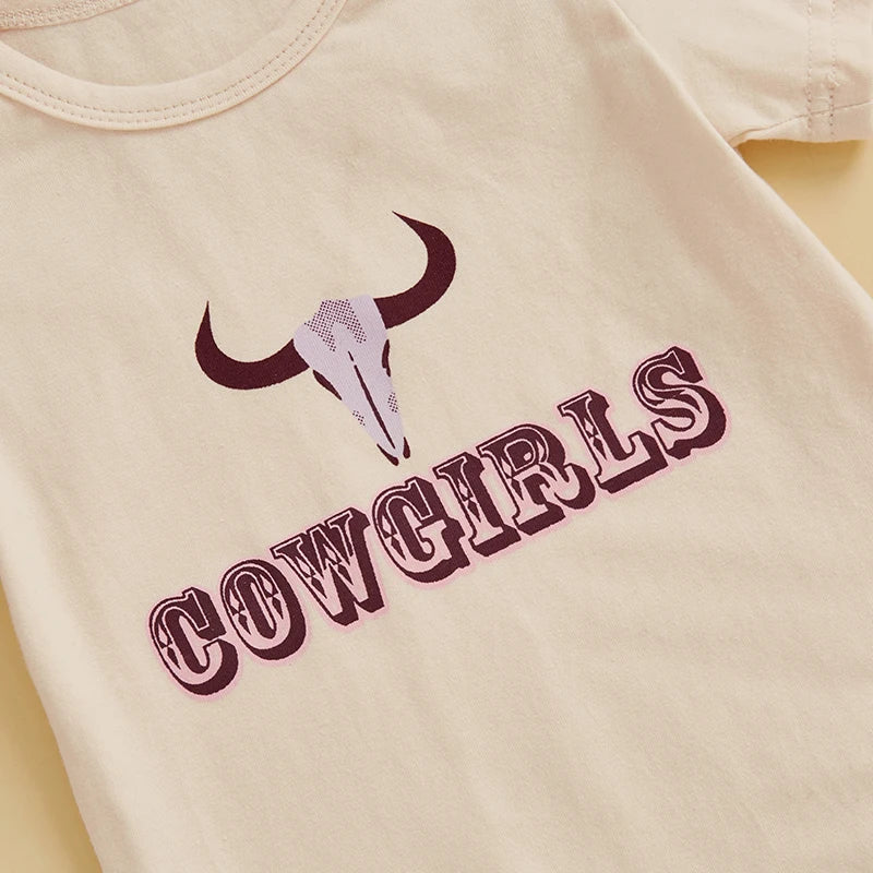 Adorable Baby Girls 3-Piece Outfit Set with Short Sleeve Romper Cow Print Boots and Matching Headband - Western Cowgirl Theme
