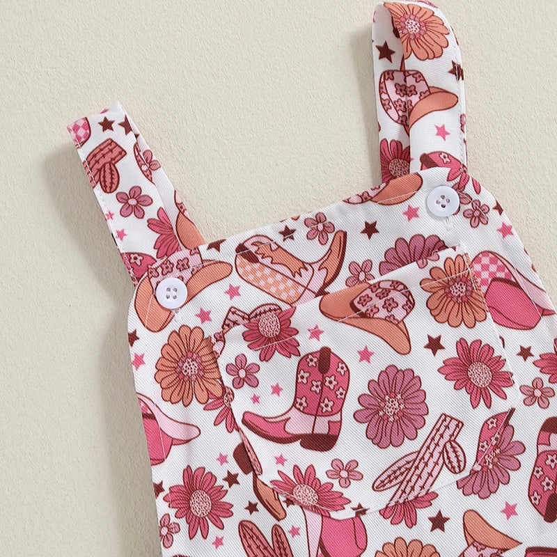 Toddler Girl Denim Overalls with Adjustable Straps and Embroidered Flower Detail Sleeveless Jumpsuit with Front Pocket