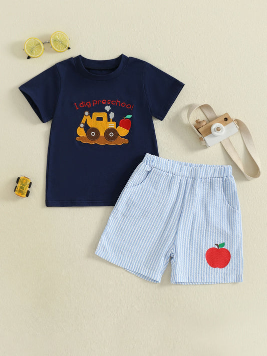 Boys Summer Outfit Set with Short Sleeve O Neck Dinosaur Embroidery Tops and Plaid Shorts for a Stylish Look