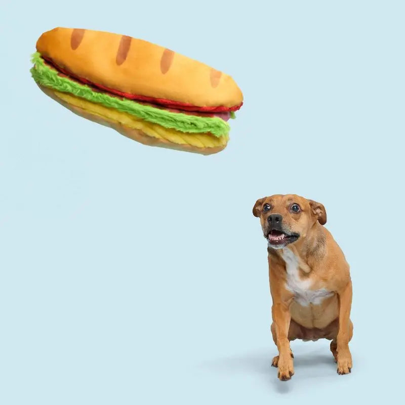 Big Bite Hoagie Sandwich Dog Toy with Squeaker Crinkle Layers Unfolds 3 Feet Interactive Fetch Chew Toy for Puppies All Sizes