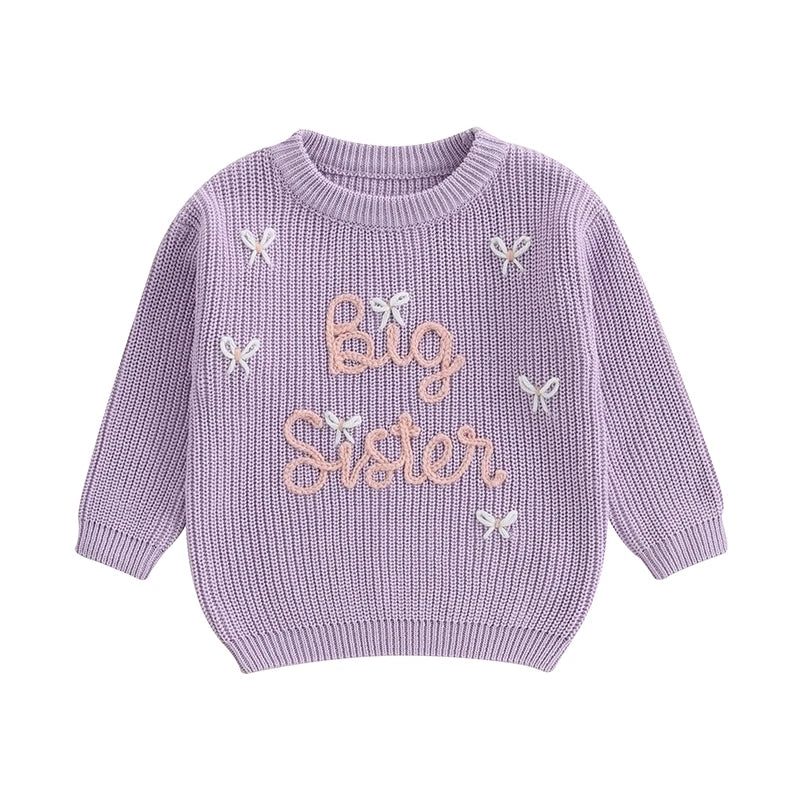 Cute Infant Pullover Sweater with Round Neck Long Sleeves Bow Detail and Embroidered Letter Design - Adorable Toddler Top