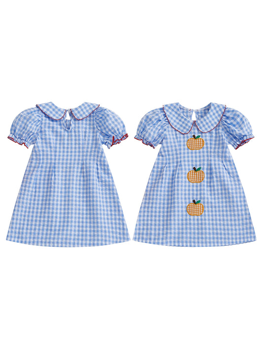 Girls Halloween Costume Pumpkin Embroidery Plaid Dress with Short Sleeves for Toddler Girls - Adorable Halloween Outfit