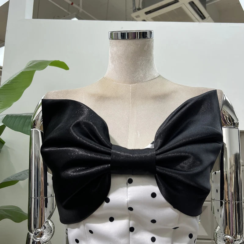 KBQ Hit Color Spliced Bowknot Elegant Mini Dresses for Women Strapless Sleeveless Patchwork Dot Print Dress Female Clothing New