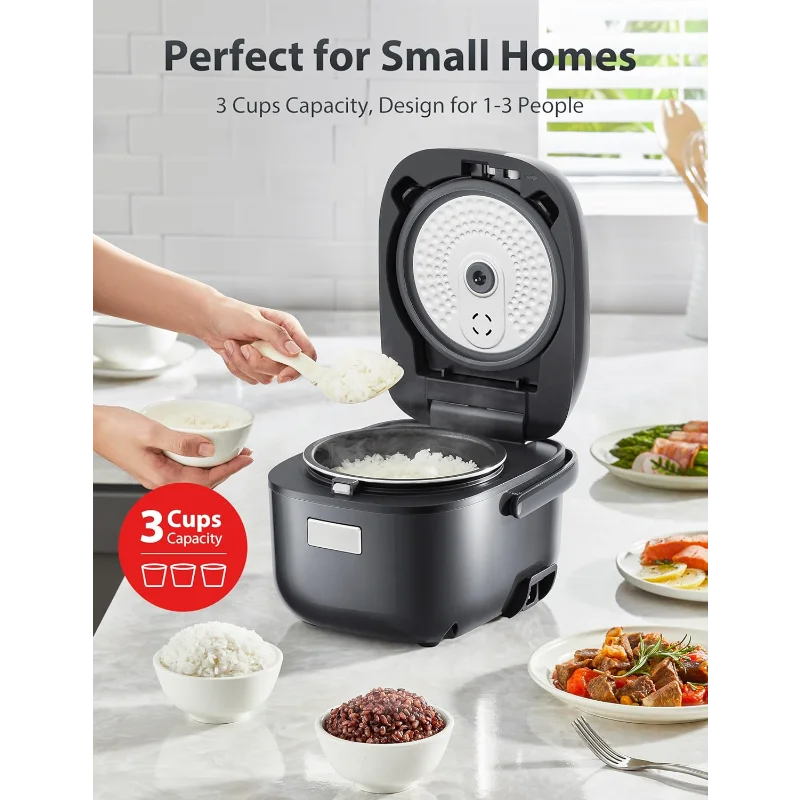 Rice Cooker Small 3-Cup Uncooked– LCD Display with 8 Cooking Functions: Rice, Oatmeal, Mixed Grains and More