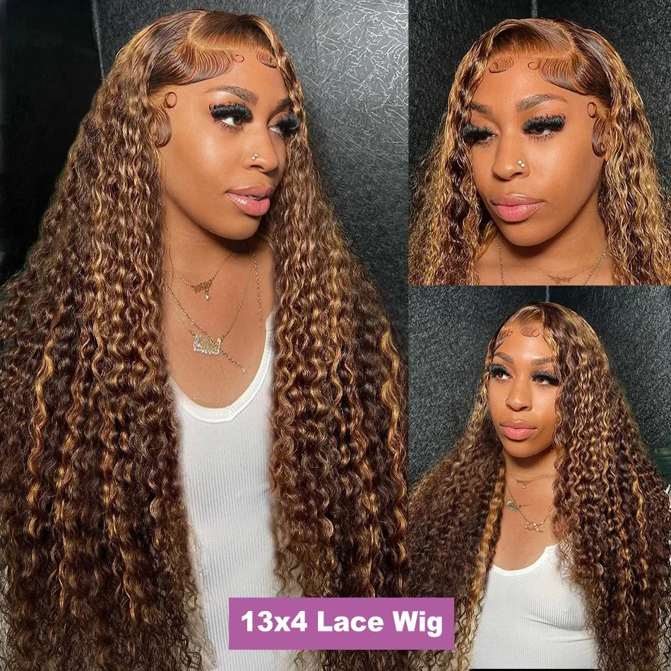 Wiggogo Curly Colored Highlight Wig Human Hair Deep Wave 13X6 Hd Lace Frontal Wig 13X4 4/27 Ombre Brown Blonde Lace Front Wigs