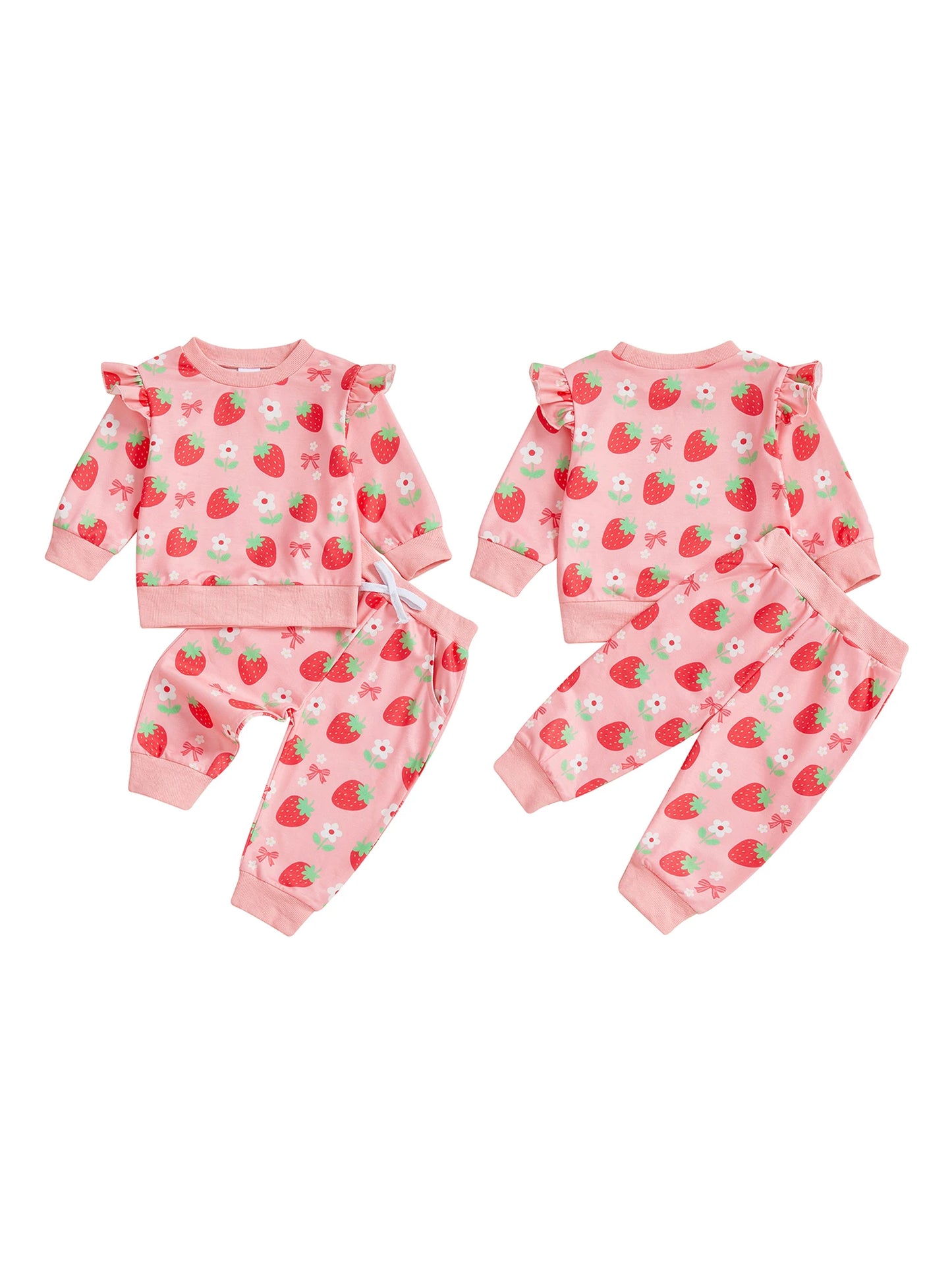 Baby Girls 2 Piece Outfits Creative Strawberry Print Long Sleeve Crew Neck Tops and Elastic Waist Pants Set