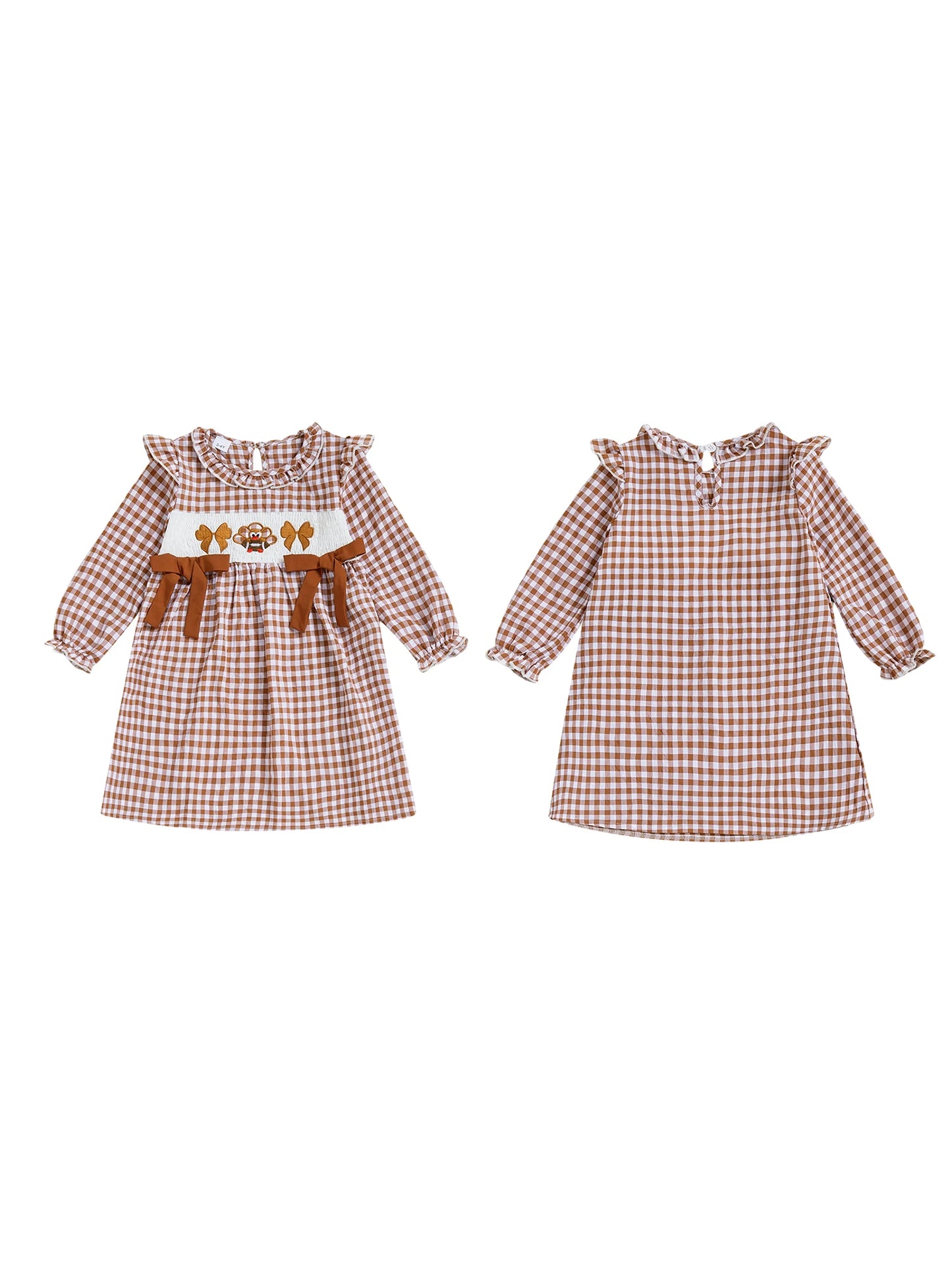 Girls Long Sleeve Crew Neck Plaid Embroidery Turkey Fall Dress Thanksgiving Outfit for Kids Autumn Clothing
