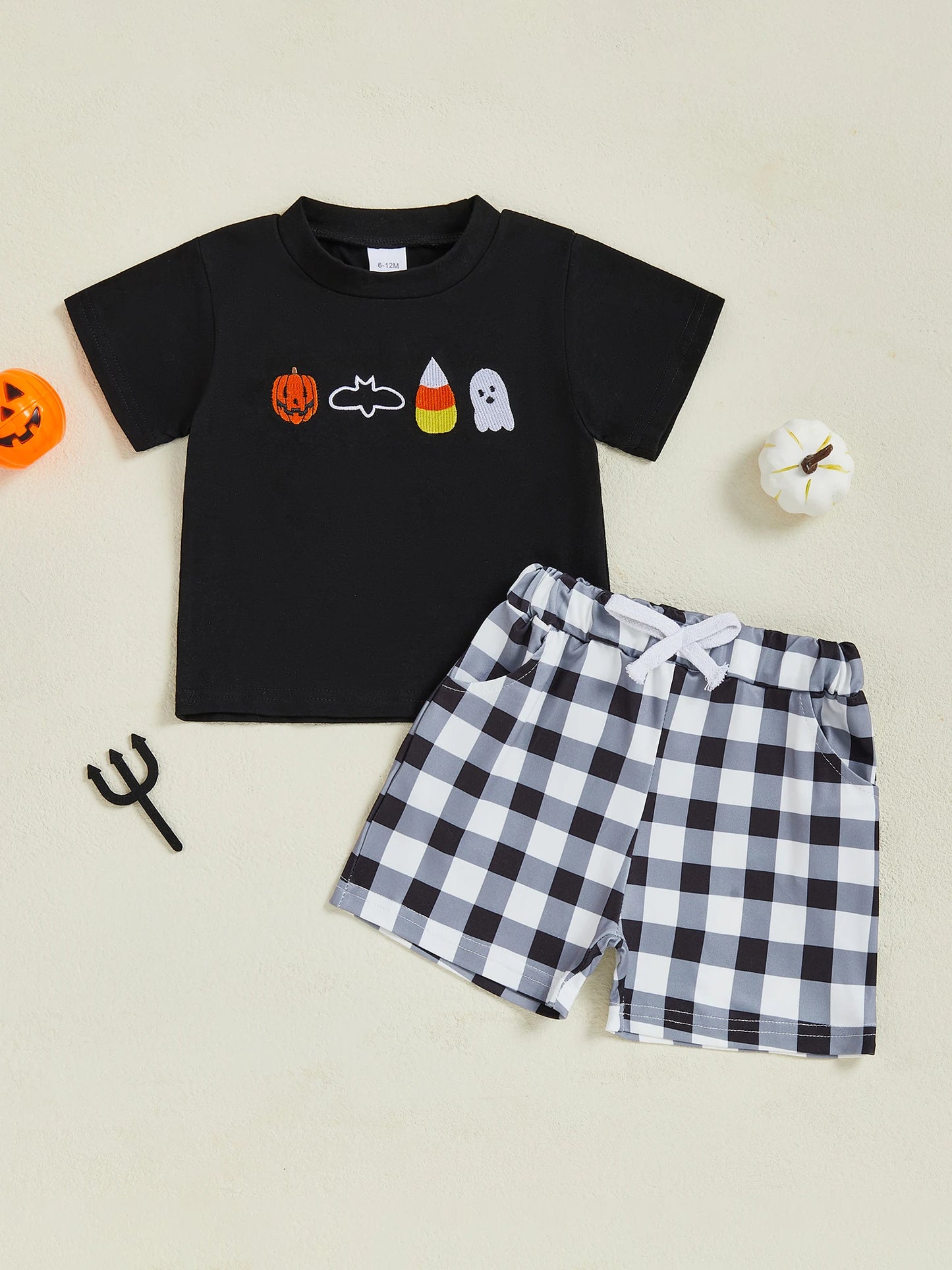 Boys Halloween Outfit Set with Spooky Embroidered Tops and Plaid Drawstring Shorts - Bat Ghost and Pumpkin Theme