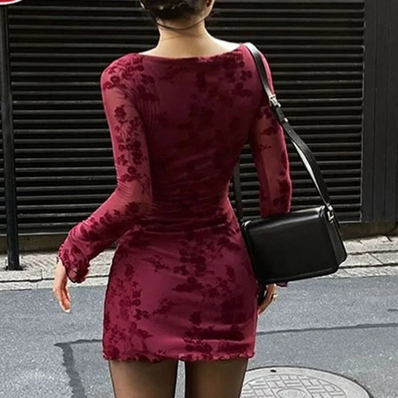 New Dresses Women Autumn O-Neck Sexy Wine Red Streetwear Fashion Print Long Sleeves Dresses Lady Knitted Pullover Clothing Dress