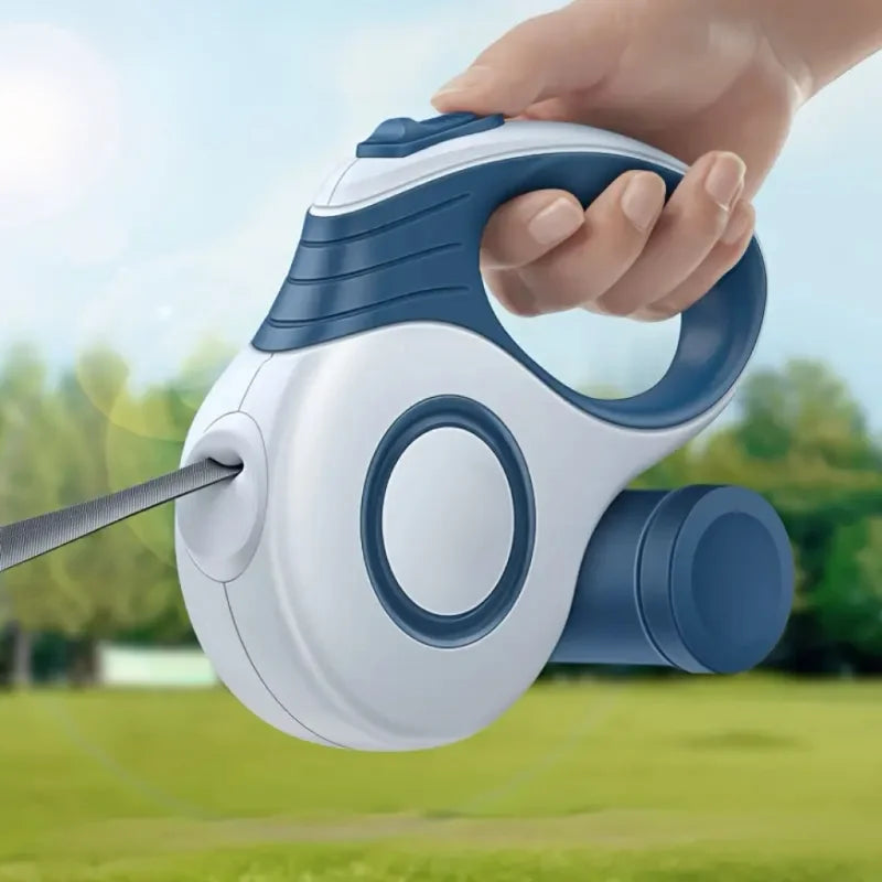 16ft Auto Retractable Dog Leash - Durable Nylon Extendable Lead for All Sizes, Easy Control with Blue & White Geometric Design