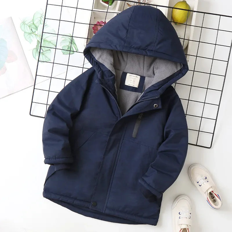 Autumn Winter Children Jacket For Boys Hooded Plus Velvet Thicken Warm Teenage Boy Outerwear Coat 4-14 Year Kids Parka
